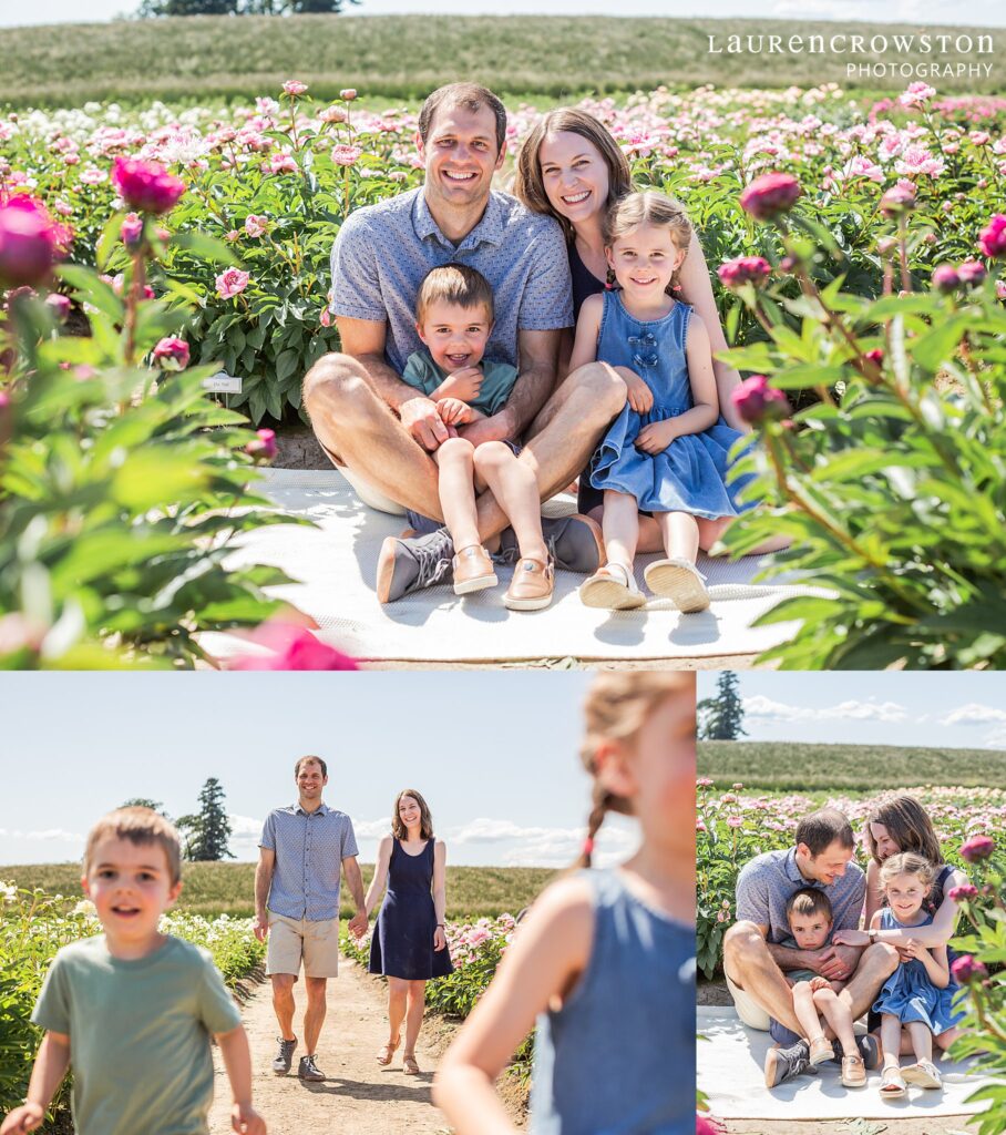 peonies at glencoe farms spring affordable mini session in hillsboro Oregon. kids playing in the peony fields